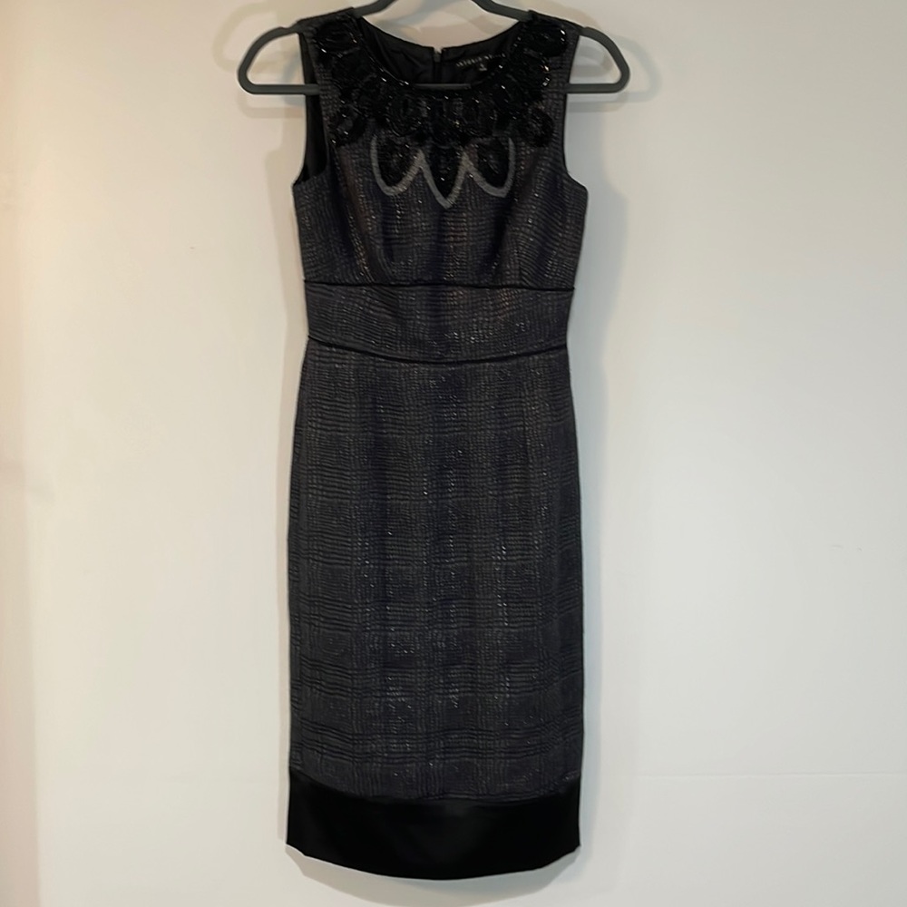 ANTONIO MELANI evening dress. Size 0. Dark grey, metallic sheen,beaded neckline.